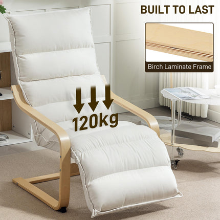 Curved Wooden Accent Lounge Chair with Adjustable Footrest - Cream White