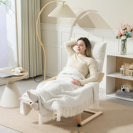 Curved Wooden Accent Lounge Chair with Adjustable Footrest - Cream White