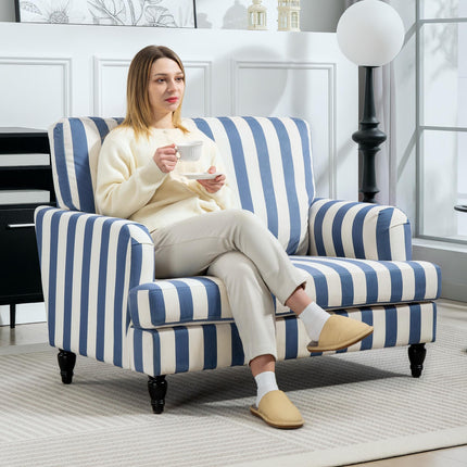 Modern Velvet Accent Armchair with Turned Legs and Wide Seat - Blue and White