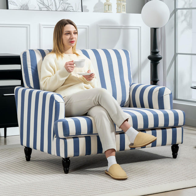 Modern Velvet Accent Armchair with Turned Legs and Wide Seat - Blue and White