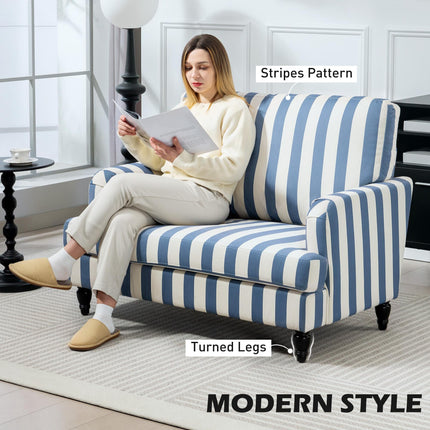 Modern Velvet Accent Armchair with Turned Legs and Wide Seat - Blue and White