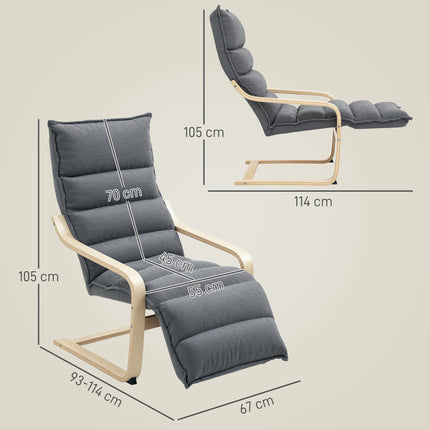 Curved Wooden Accent Lounge Chair with Adjustable Footrest - Drak Grey