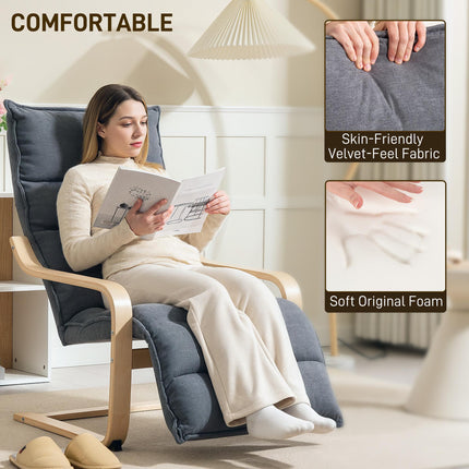 Curved Wooden Accent Lounge Chair with Adjustable Footrest - Drak Grey