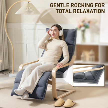 Curved Wooden Accent Lounge Chair with Adjustable Footrest - Drak Grey