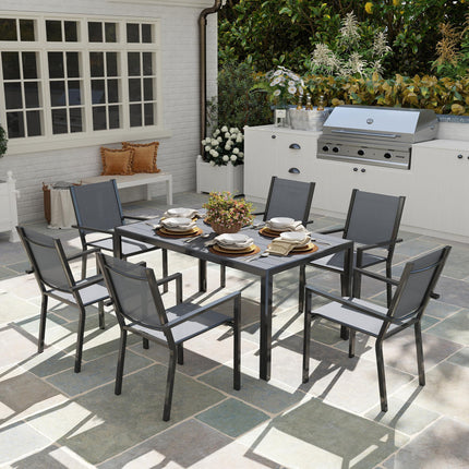 7 Piece Garden Dining Set with 6 Stackable Chairs and 150 cm WPC Table - Grey