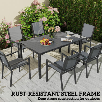 7 Piece Garden Dining Set with 6 Stackable Chairs and 150 cm WPC Table - Grey