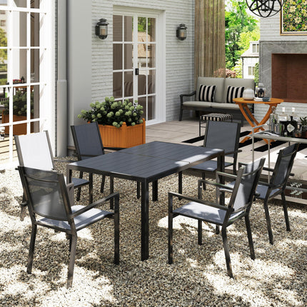 7 Piece Garden Dining Set with 6 Stackable Chairs and 150 cm WPC Table - Grey