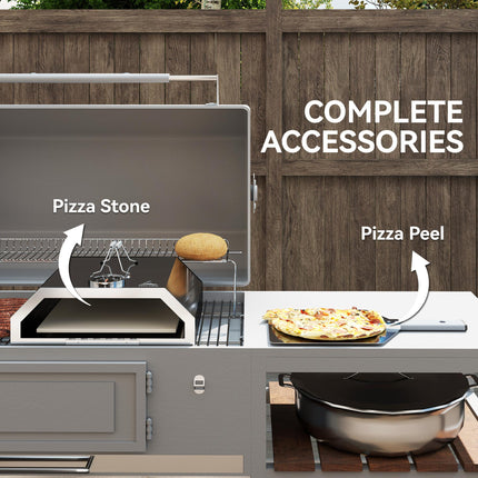 8 in Portable Stainless Steel BBQ Grill Top Pizza Oven with Built-in Thermometer and Viewing Window for Gas and Charcoal BBQ Grills, Includes Carry Handles, Pizza Stone and Peel, Silver Tone