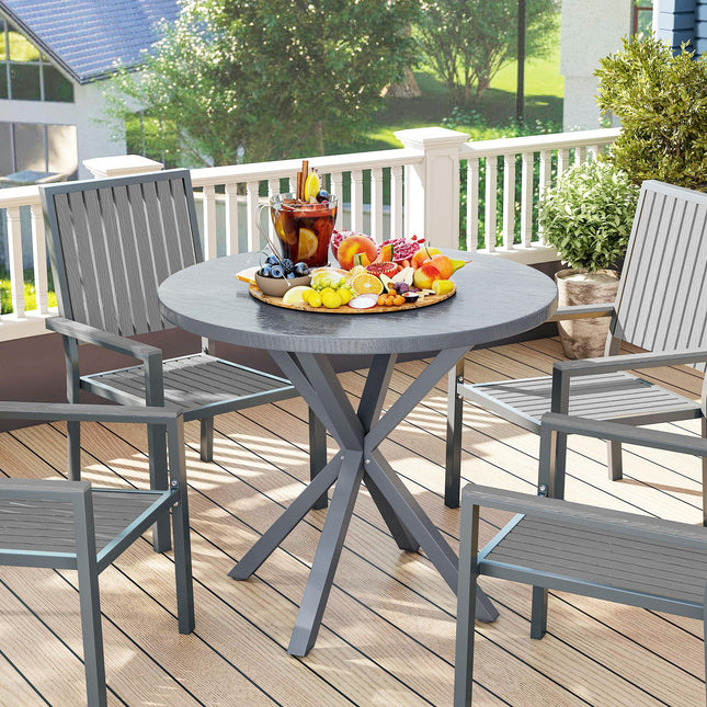 Garden Table, 85cm Round Outdoor Dining Table with Steel Frame, Wood Effect Top, for Balcony, Deck, Dark Grey