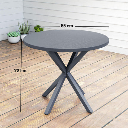 Garden Table, 85cm Round Outdoor Dining Table with Steel Frame, Wood Effect Top, for Balcony, Deck, Dark Grey