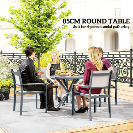 Garden Table, 85cm Round Outdoor Dining Table with Steel Frame, Wood Effect Top, for Balcony, Deck, Dark Grey