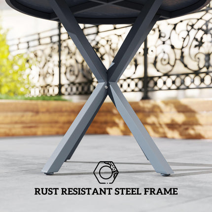Garden Table, 85cm Round Outdoor Dining Table with Steel Frame, Wood Effect Top, for Balcony, Deck, Dark Grey
