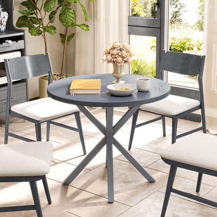 Garden Table, 85cm Round Outdoor Dining Table with Steel Frame, Wood Effect Top, for Balcony, Deck, Dark Grey