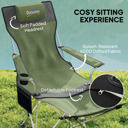 Set of 2 Reclining Folding Camping Chair w/ Detachable Footrest, Storage Bag, Cup Holder & Headrest, Lightweight Portable Camp Chair for Beach, Picnic, Olive Green and Grey