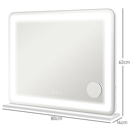 Vanity Mirror with Lights, Large 80x62 cm Lighted Makeup Mirror with 3 Colour, 10X Magnifying, USB Charging Port, Touch Screen, Tabletop or Wall Mounted Design, White