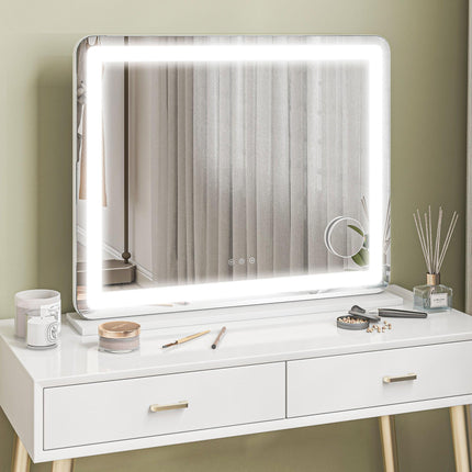 Vanity Mirror with Lights, Large 80x62 cm Lighted Makeup Mirror with 3 Colour, 10X Magnifying, USB Charging Port, Touch Screen, Tabletop or Wall Mounted Design, White