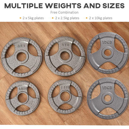 Set of 6 Cast Iron Olympic Weight Plates 35kg (2 x 10kg, 2 x 5kg, 2 x 2.5kg) for 2"/5cm Dumbbell Bar - Silver