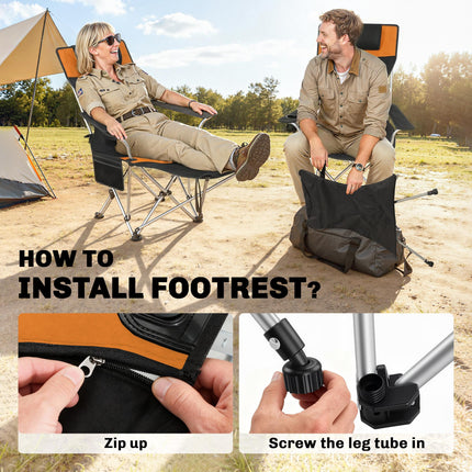 Set of 2 Reclining Folding Camping Chair w/ Detachable Footrest, Storage Bag, Cup Holder & Headrest, Lightweight Portable Camp Chair for Beach, Picnic, Orange and Black