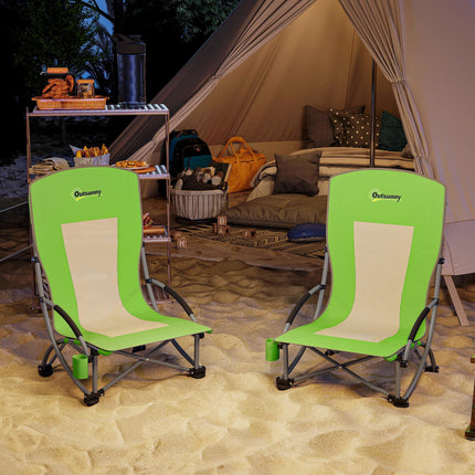 Set of 2 Folding Beach Chair, Low Camping Chair with Mesh Back, Carry Bag and Cup Holder for Garden Outdoor Picnic Festival Travel, Green