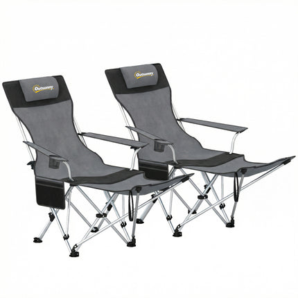 Set of 2 Reclining Folding Camping Chair w/ Detachable Footrest, Storage Bag, Cup Holder & Headrest, Lightweight Portable Camp Chair for Beach, Picnic, Grey and Black