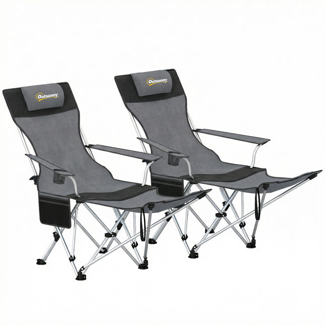 Set of 2 Reclining Folding Camping Chair w/ Detachable Footrest, Storage Bag, Cup Holder & Headrest, Lightweight Portable Camp Chair for Beach, Picnic, Grey and Black