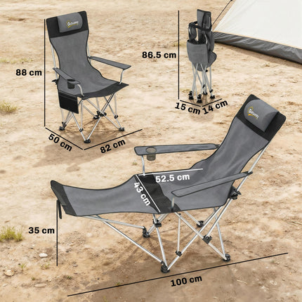 Set of 2 Reclining Folding Camping Chair w/ Detachable Footrest, Storage Bag, Cup Holder & Headrest, Lightweight Portable Camp Chair for Beach, Picnic, Grey and Black