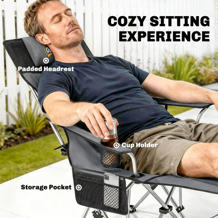 Set of 2 Reclining Folding Camping Chair w/ Detachable Footrest, Storage Bag, Cup Holder & Headrest, Lightweight Portable Camp Chair for Beach, Picnic, Grey and Black
