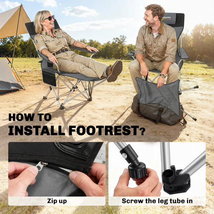 Set of 2 Reclining Folding Camping Chair w/ Detachable Footrest, Storage Bag, Cup Holder & Headrest, Lightweight Portable Camp Chair for Beach, Picnic, Grey and Black