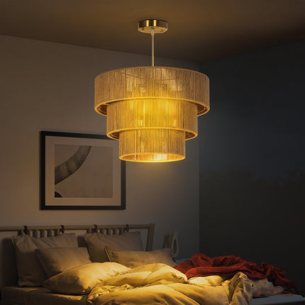 Hemp Rope Ceiling Light, 3-Layer Boho Pendant Light, 4 x E14 Vintage Ceiling Lam