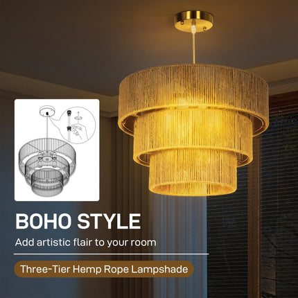 Hemp Rope Ceiling Light, 3-Layer Boho Pendant Light, 4 x E14 Vintage Ceiling Lam