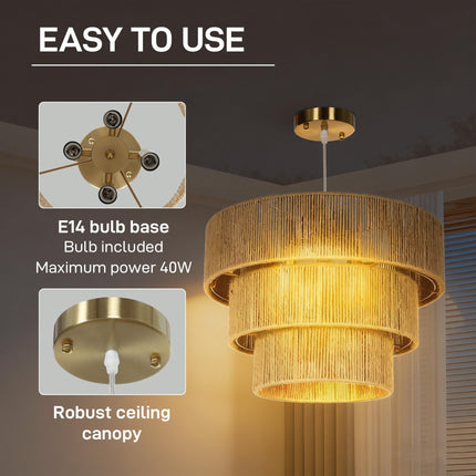 Hemp Rope Ceiling Light, 3-Layer Boho Pendant Light, 4 x E14 Vintage Ceiling Lam