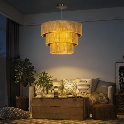 Hemp Rope Ceiling Light, 3-Layer Boho Pendant Light, 4 x E14 Vintage Ceiling Lam
