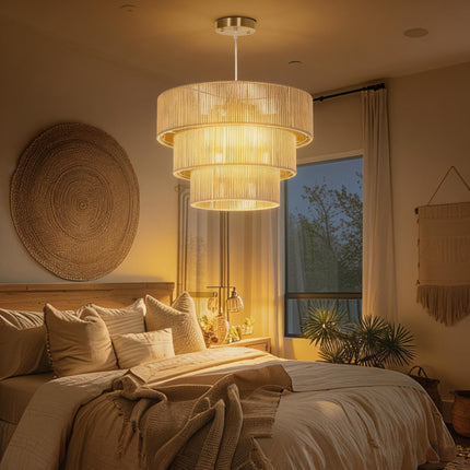 Hemp Rope Ceiling Light, 3-Layer Boho Pendant Light, 4 x E14 Vintage Ceiling Lam