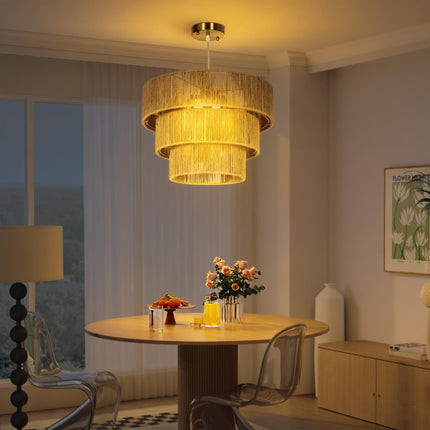 Hemp Rope Ceiling Light, 3-Layer Boho Pendant Light, 4 x E14 Vintage Ceiling Lam