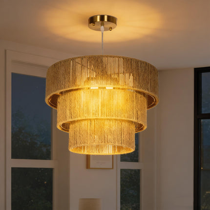 Hemp Rope Ceiling Light, 3-Layer Boho Pendant Light, 4 x E14 Vintage Ceiling Lam