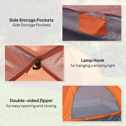 2 Person Spacious Camping Tent with Zipped Doors - Orange