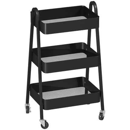 Three-Tier Metal Storage Trolley with Wheels and Handles - Black
