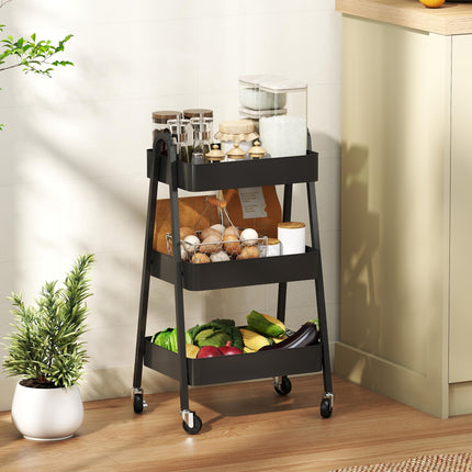 Three-Tier Metal Storage Trolley with Wheels and Handles - Black