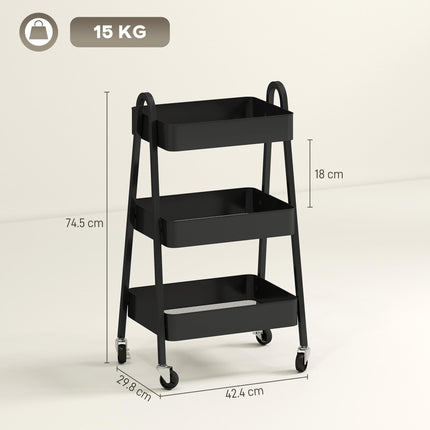 Three-Tier Metal Storage Trolley with Wheels and Handles - Black