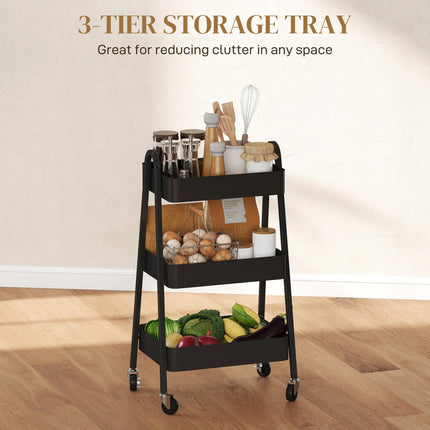 Three-Tier Metal Storage Trolley with Wheels and Handles - Black