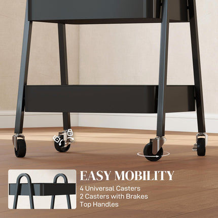 Three-Tier Metal Storage Trolley with Wheels and Handles - Black
