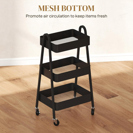 Three-Tier Metal Storage Trolley with Wheels and Handles - Black