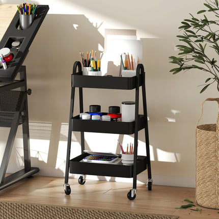 Three-Tier Metal Storage Trolley with Wheels and Handles - Black