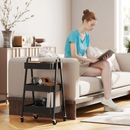 Three-Tier Metal Storage Trolley with Wheels and Handles - Black