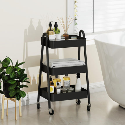 Three-Tier Metal Storage Trolley with Wheels and Handles - Black