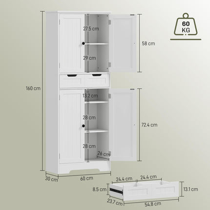 Tall Freestanding Bathroom Storage Cabinet with Drawer and Adjustable Shelves 60x30x160 cm - White