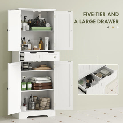 Tall Freestanding Bathroom Storage Cabinet with Drawer and Adjustable Shelves 60x30x160 cm - White