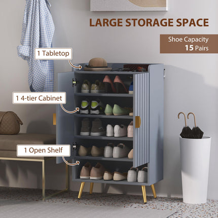 Modern Shoe Cabinet with 2 Doors, Open Shelf and Adjustable Shelves, 15 Pair Hal