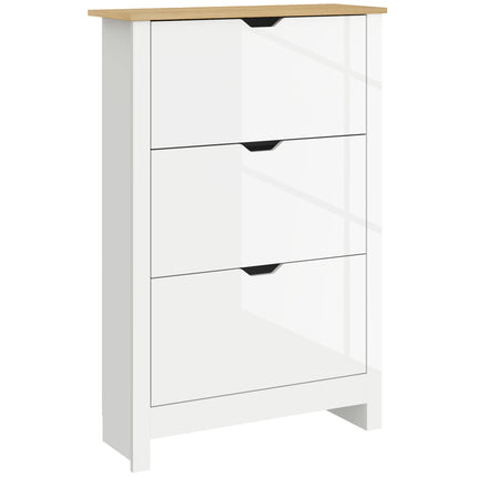 Slim Narrow Shoe Cabinet with 3 Flip Drawers and Adjustable Shelves for 18 Pairs of Shoes - High Gloss White