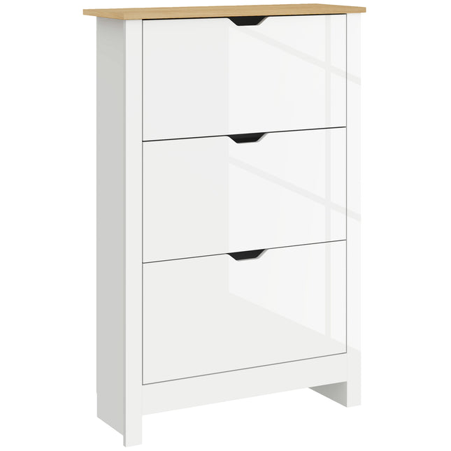 Slim Narrow Shoe Cabinet with 3 Flip Drawers and Adjustable Shelves for 18 Pairs of Shoes - High Gloss White